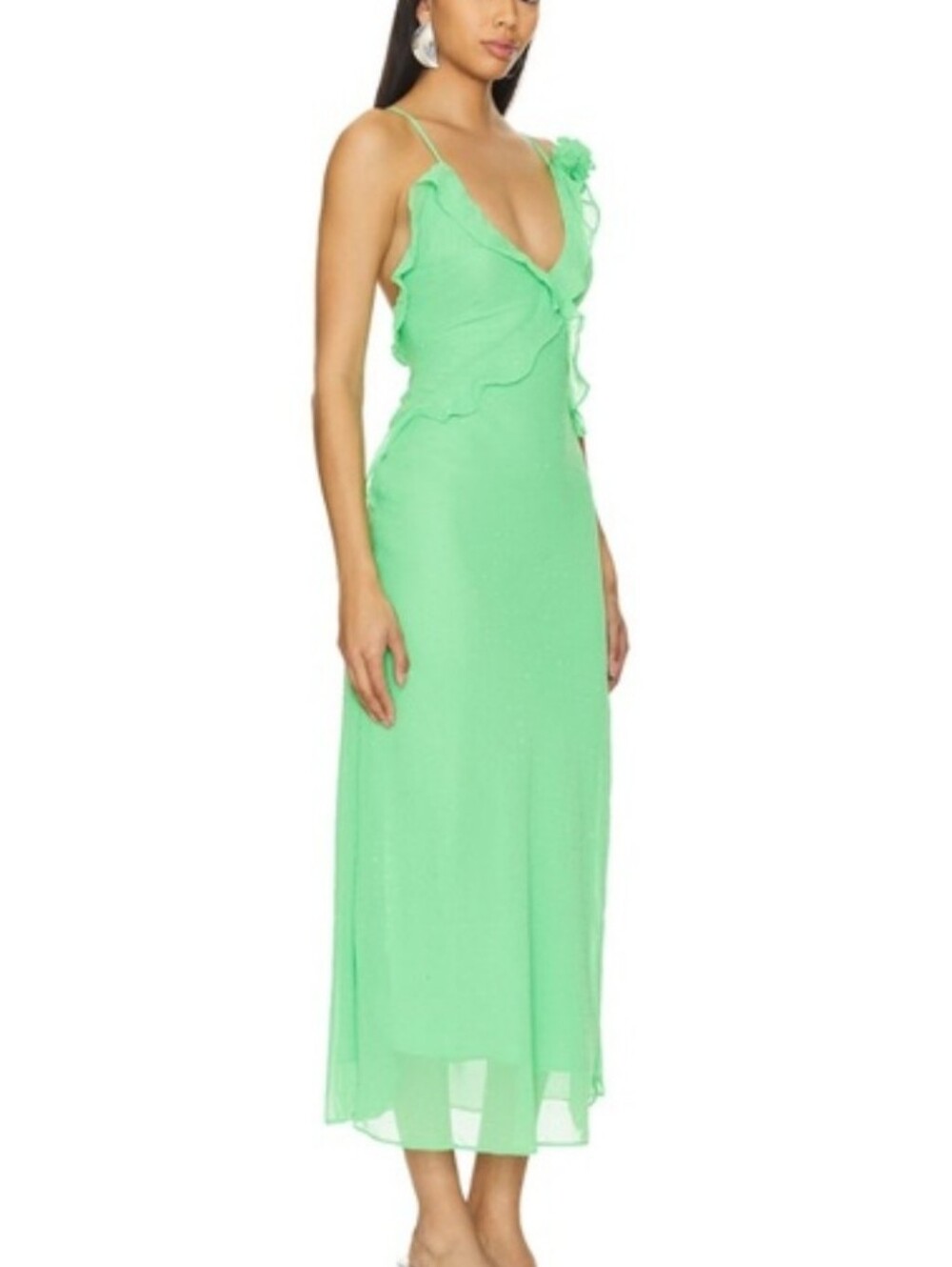 Bardot Green subtle shimmer Ruffle V-Neck midi/ankle  Dress size 4 new with tags